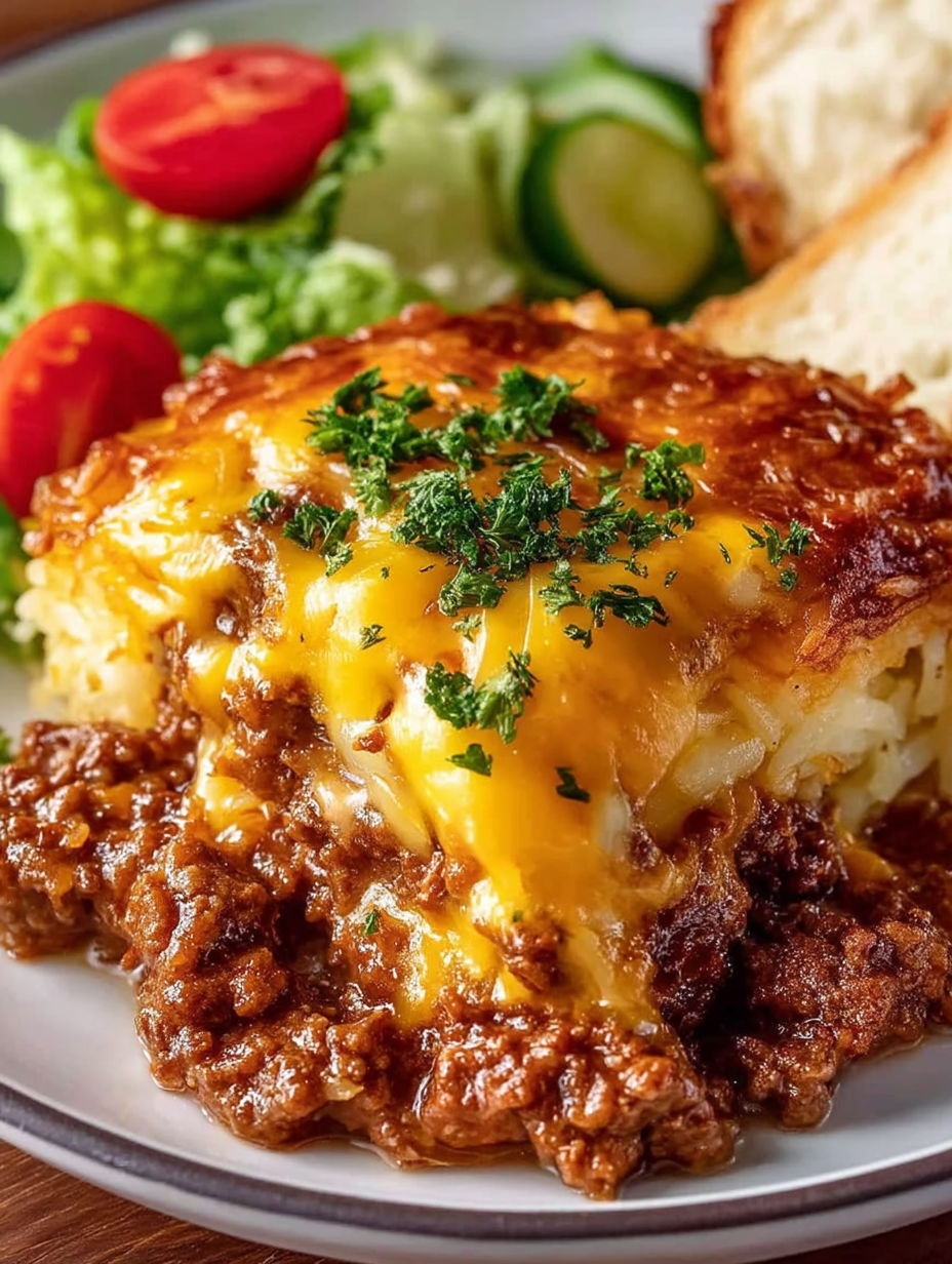 A close up of a crock pot sloppy joe hash brown casserole.