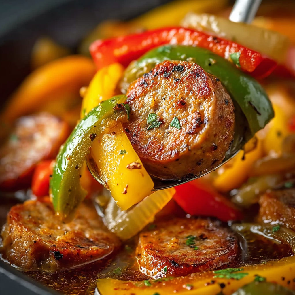 A fork is being used to pick up a piece of sausage and peppers from a crock pot.