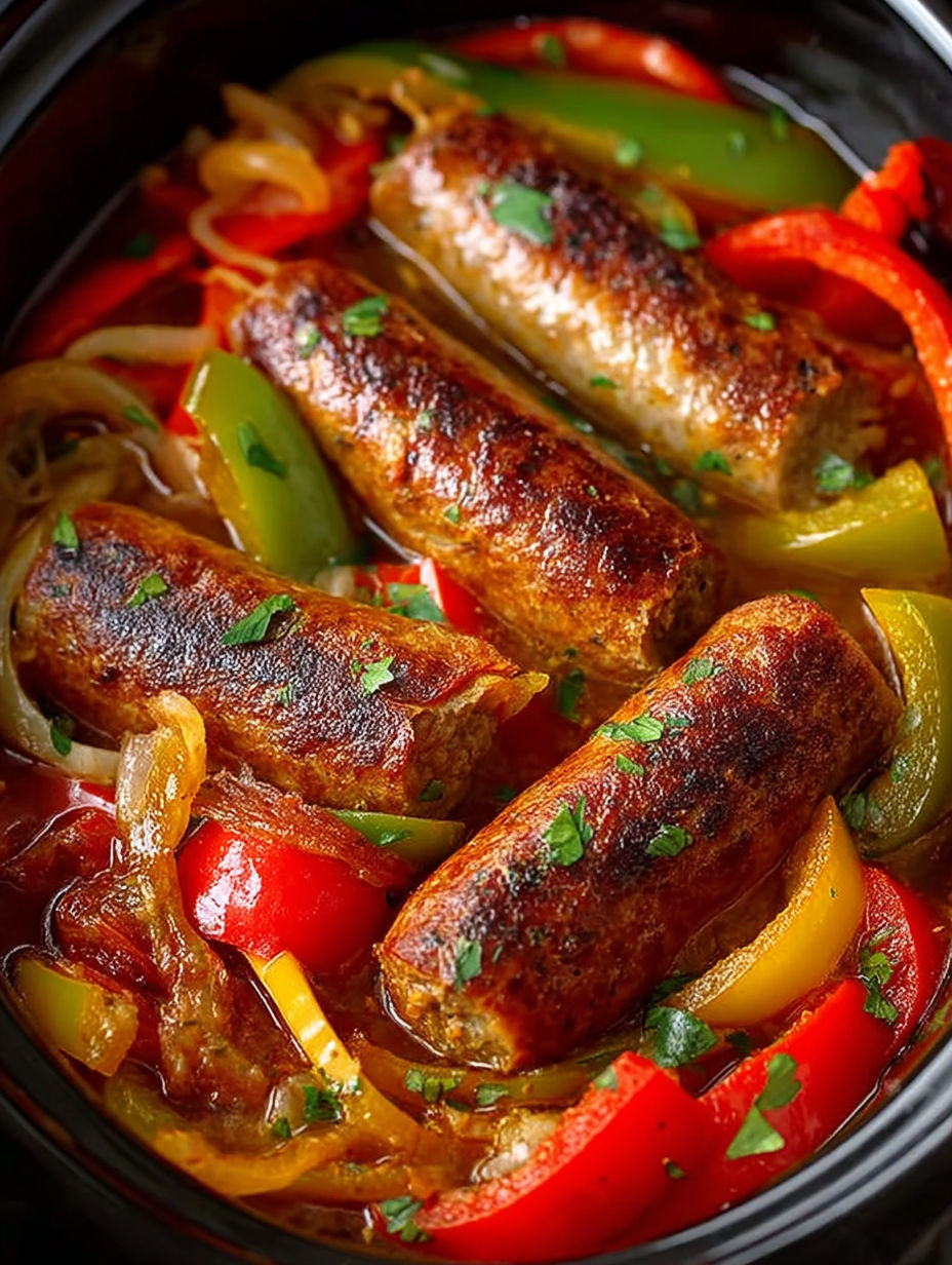 A crock pot filled with sausage and peppers.