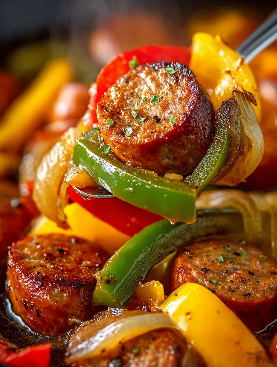 A close up of a crock pot with sausage and peppers.