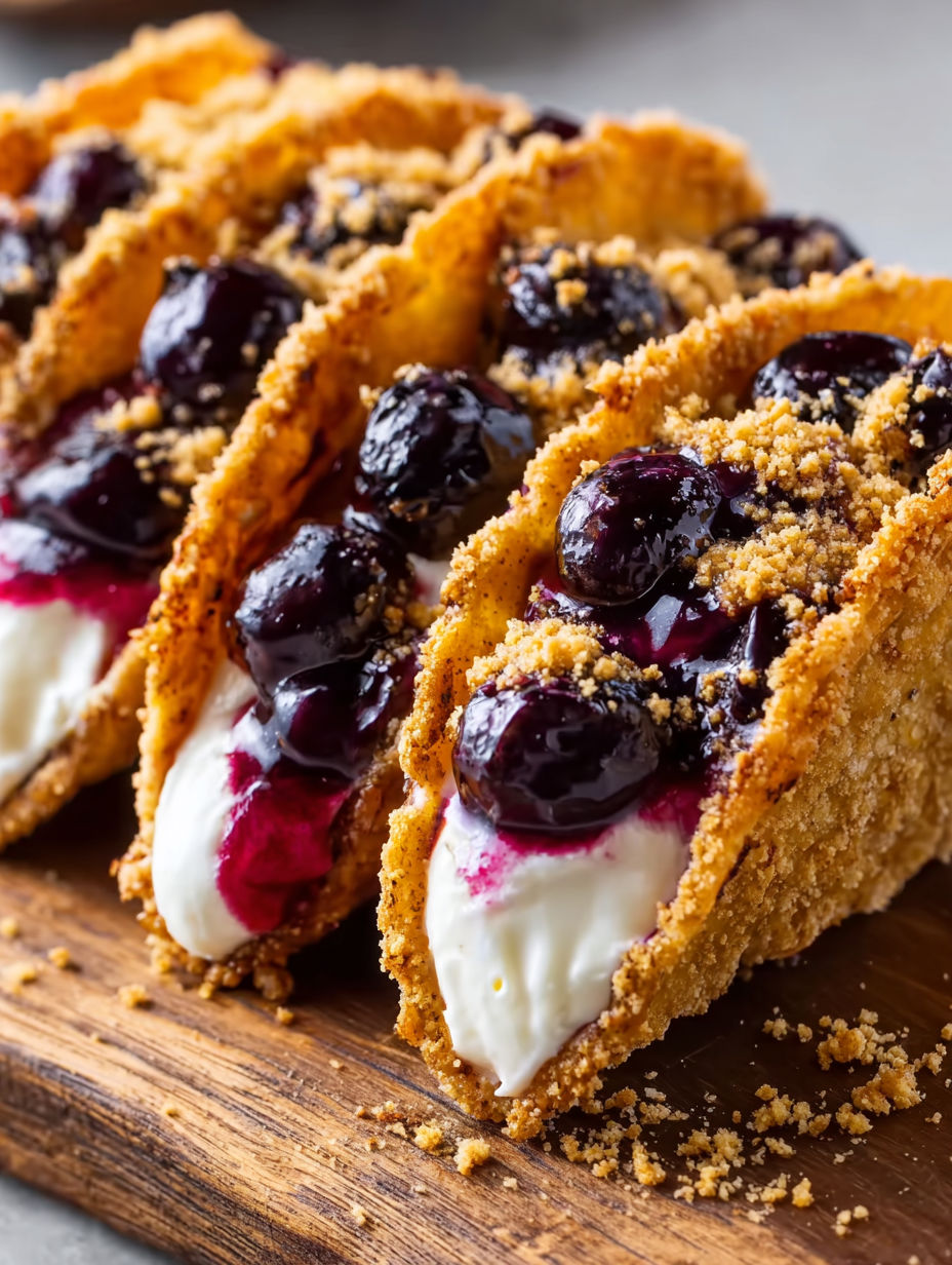A taco shell with blueberries and whipped cream.