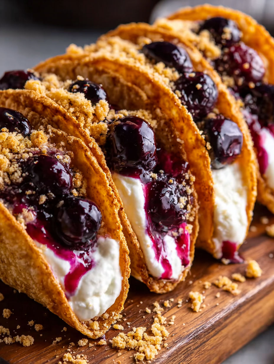 A taco shell with blueberries and whipped cream.