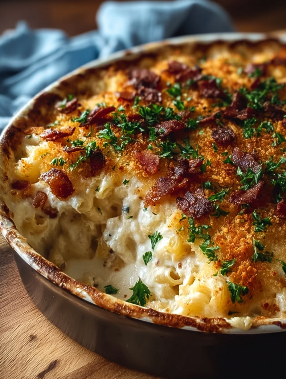 A casserole with bacon and cheese.