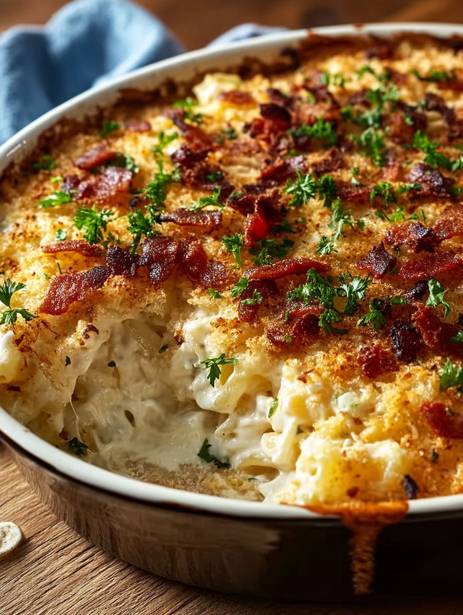 A casserole with bacon and cheese.
