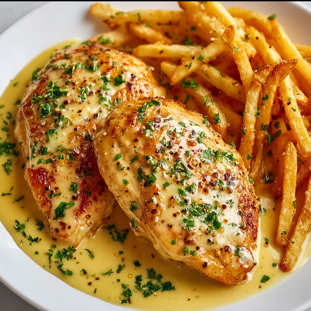 A plate of garlic parmesan chicken with fries.