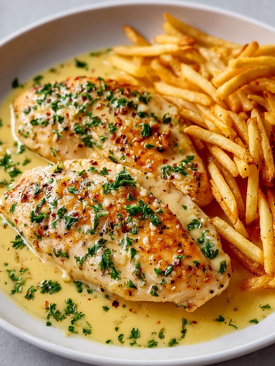 A plate of garlic Parmesan chicken with fries.