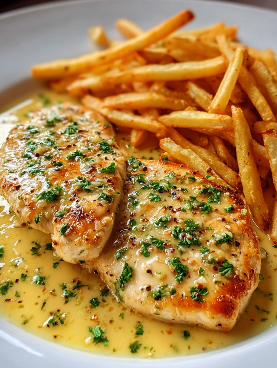 A plate of garlic parmesan chicken with fries.