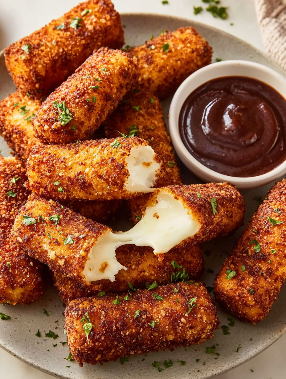 A plate of crispy Nashville hot mozzarella sticks.