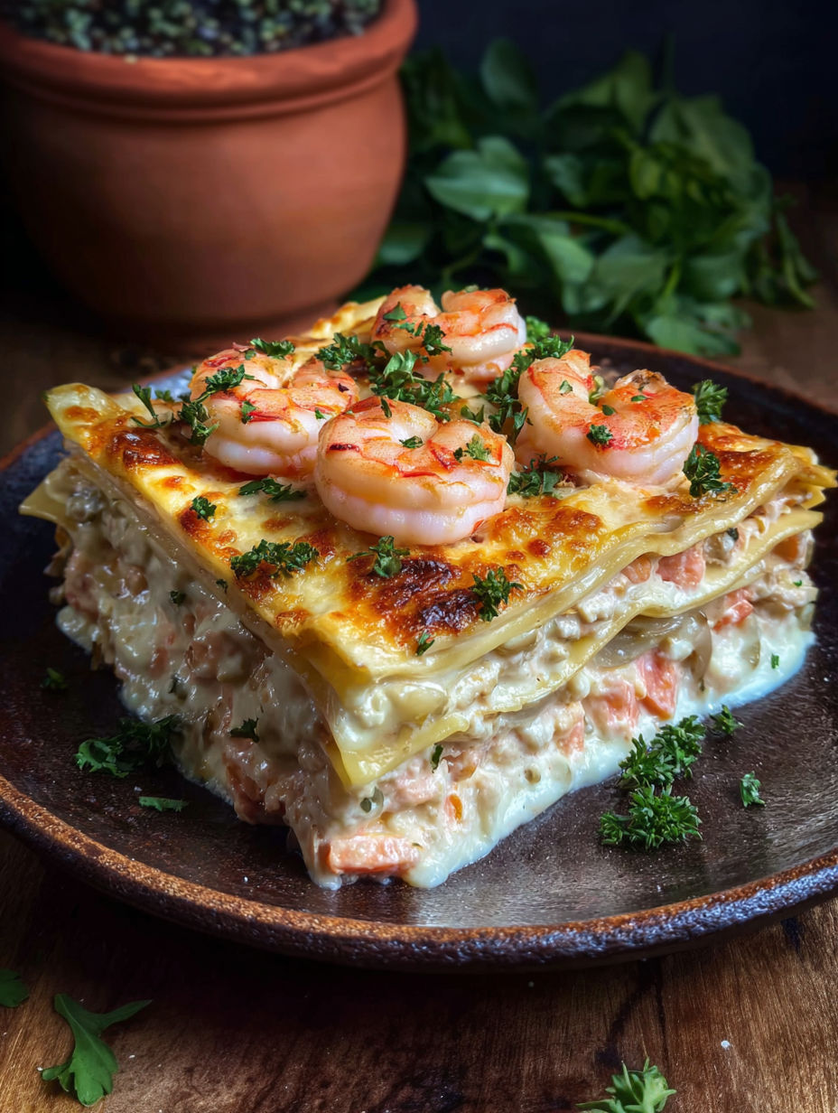 A dish with shrimp and cheese on top.