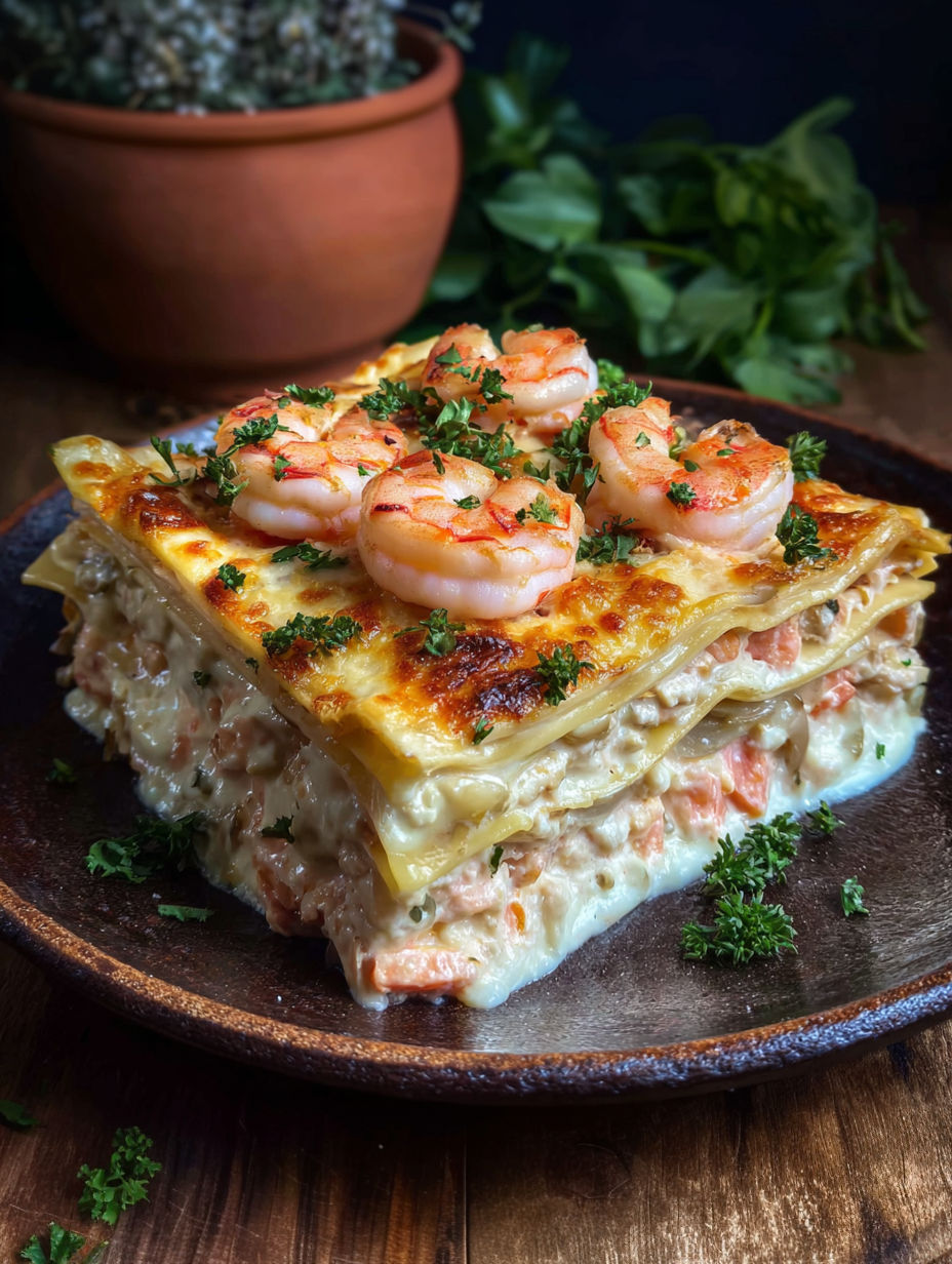 A dish with shrimp and cheese on top.