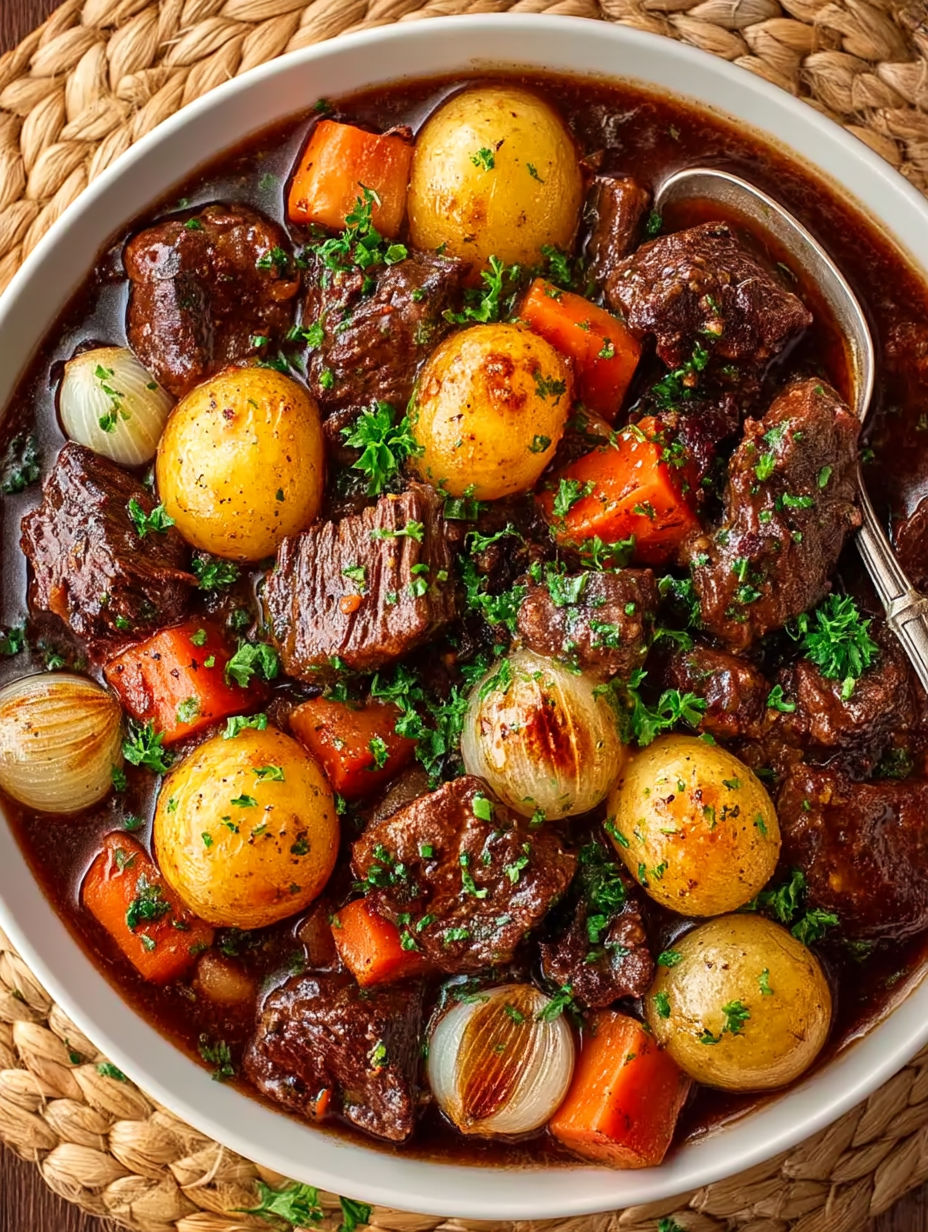 A bowl of beef bourguignon with potatoes and carrots.