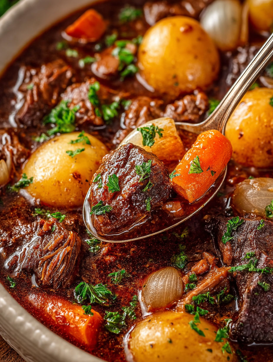 A spoon is in a bowl of beef stew.