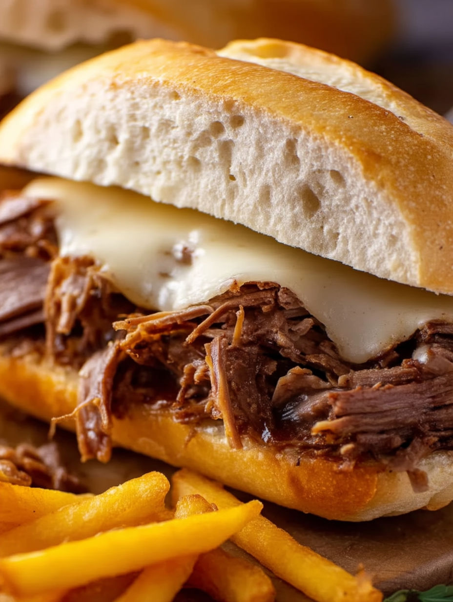 A close up of a crock pot French dip sandwich.