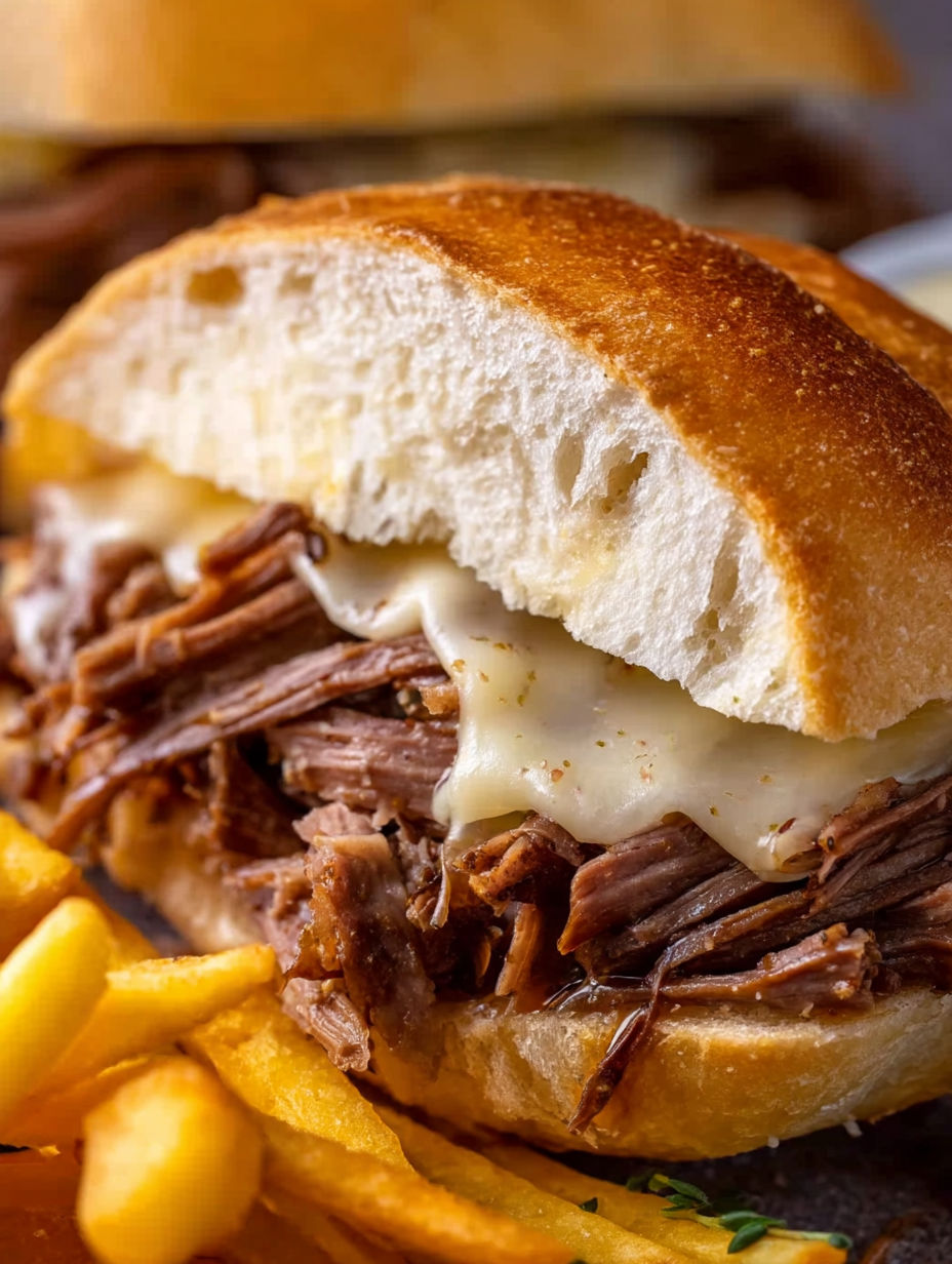 A close up of a French dip sandwich.