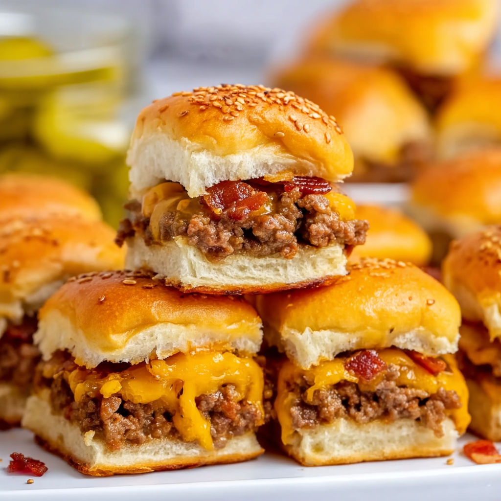 A plate of bacon cheeseburger sliders.
