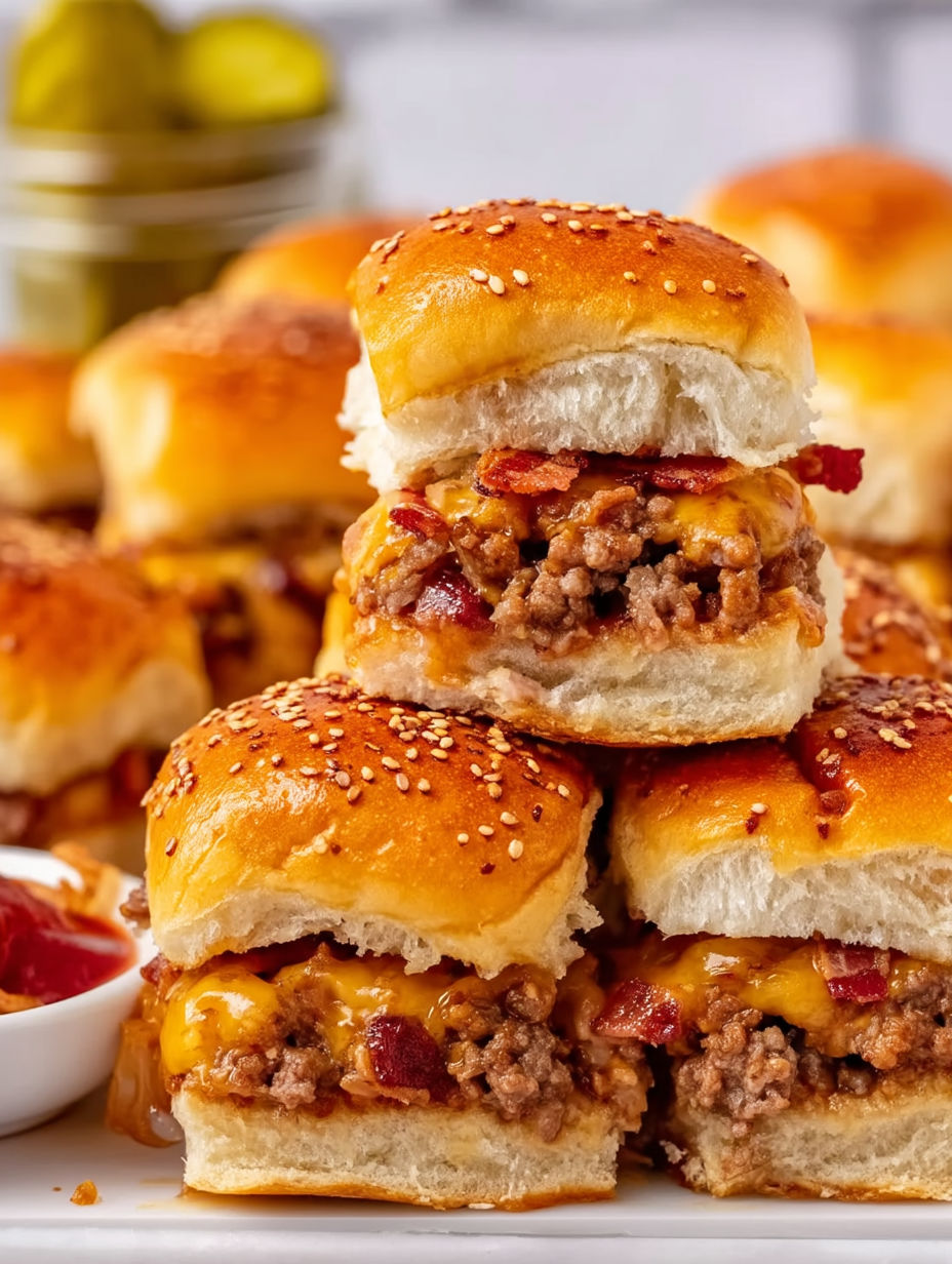 A stack of bacon cheeseburger sliders.