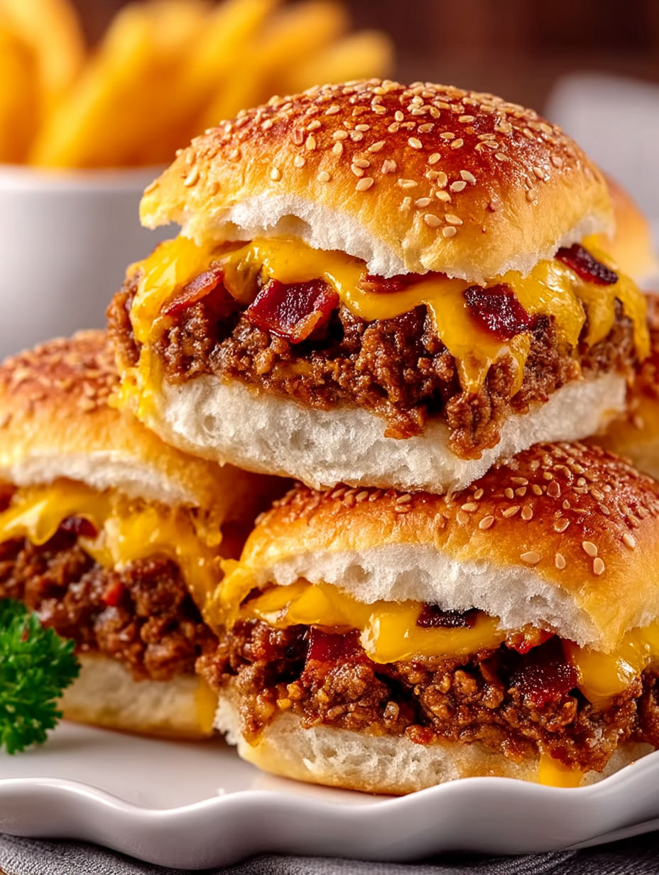 A stack of bacon cheeseburger sliders.