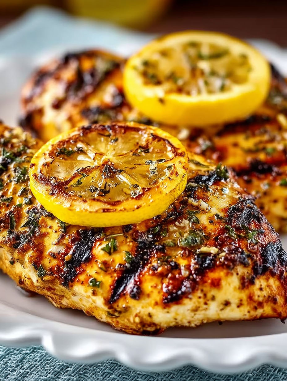 Grilled Italian Lemon Garlic Chicken with lemon wedges on top.