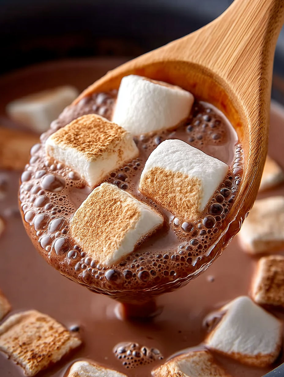 A wooden spoon in a crock pot filled with hot chocolate.