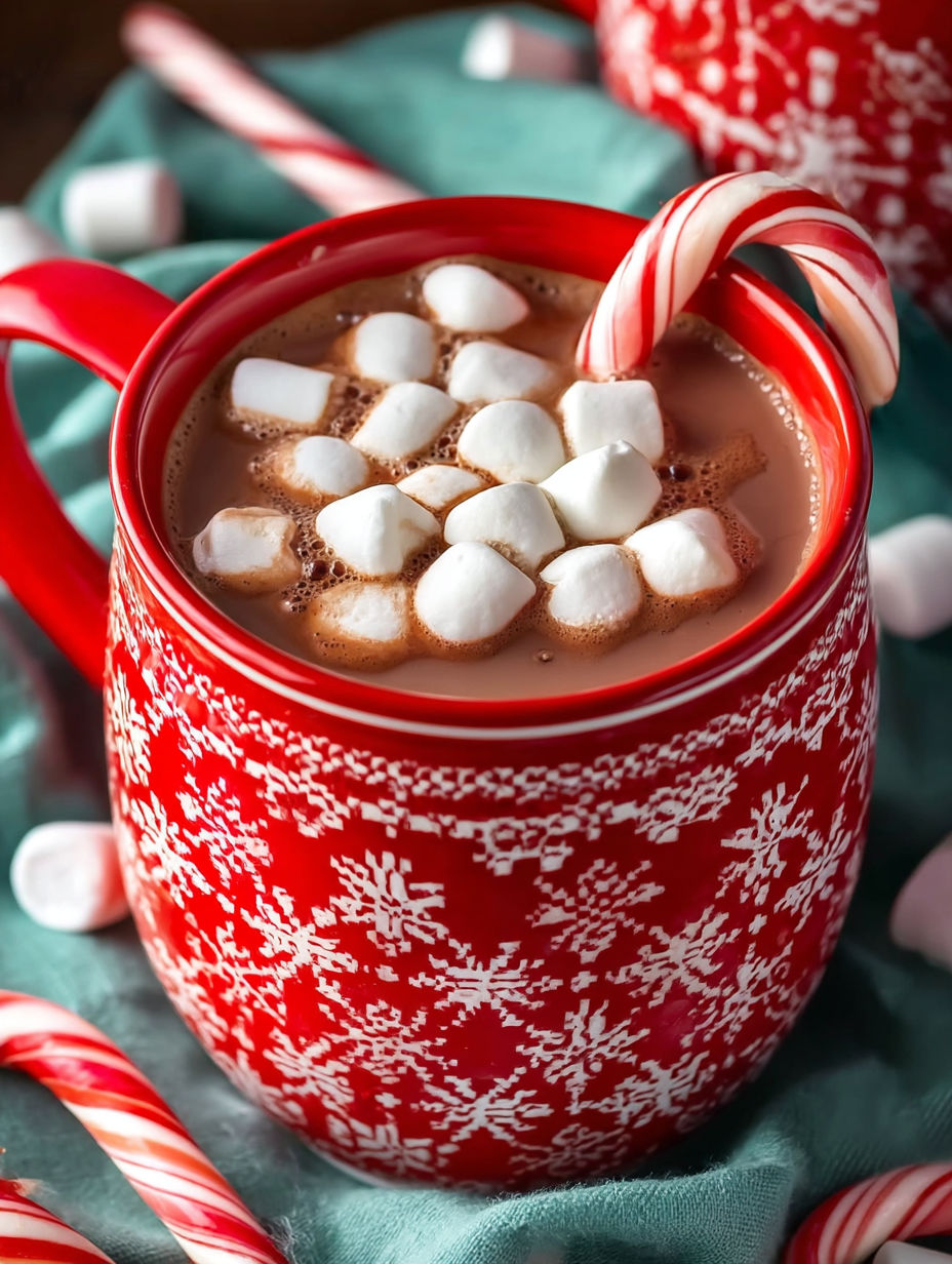 A red cup of hot chocolate with marshmallows in it.