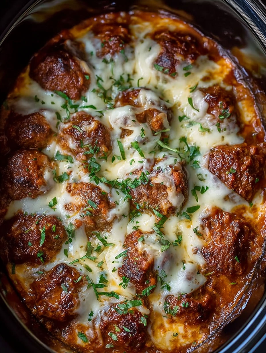 A close up of a crock pot filled with meatballs.