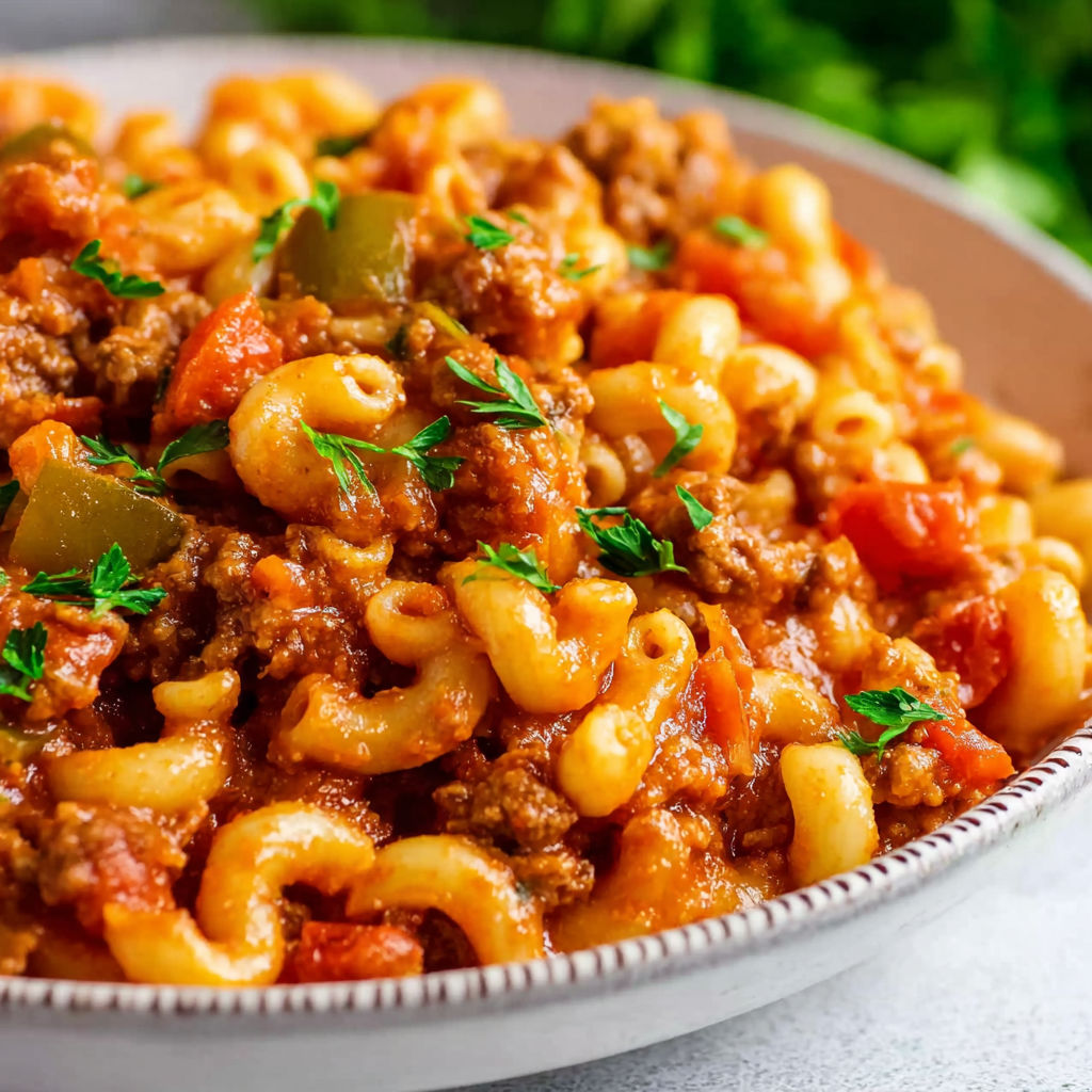 A bowl of American Goulash with noodles and meat.