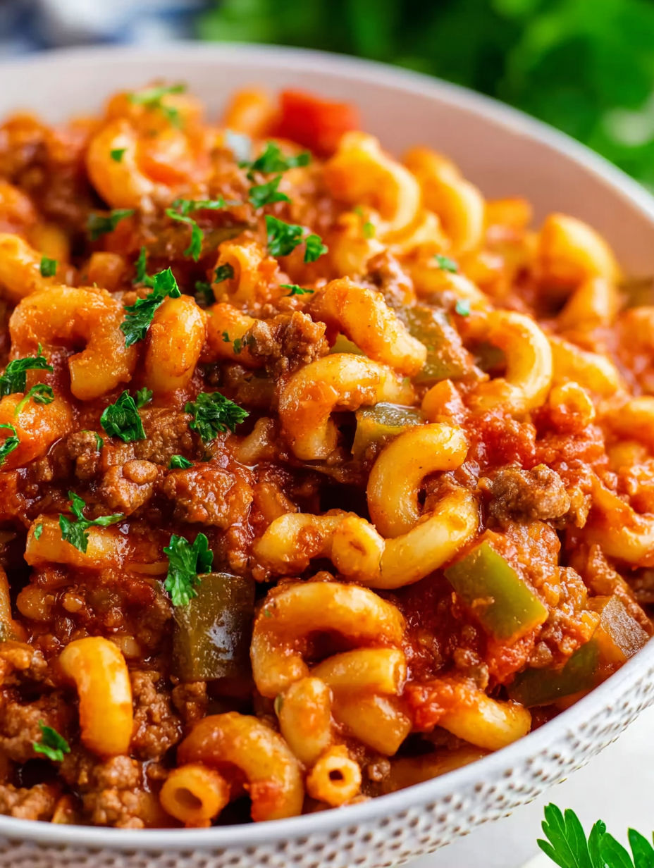 A bowl of American Goulash with noodles and vegetables.