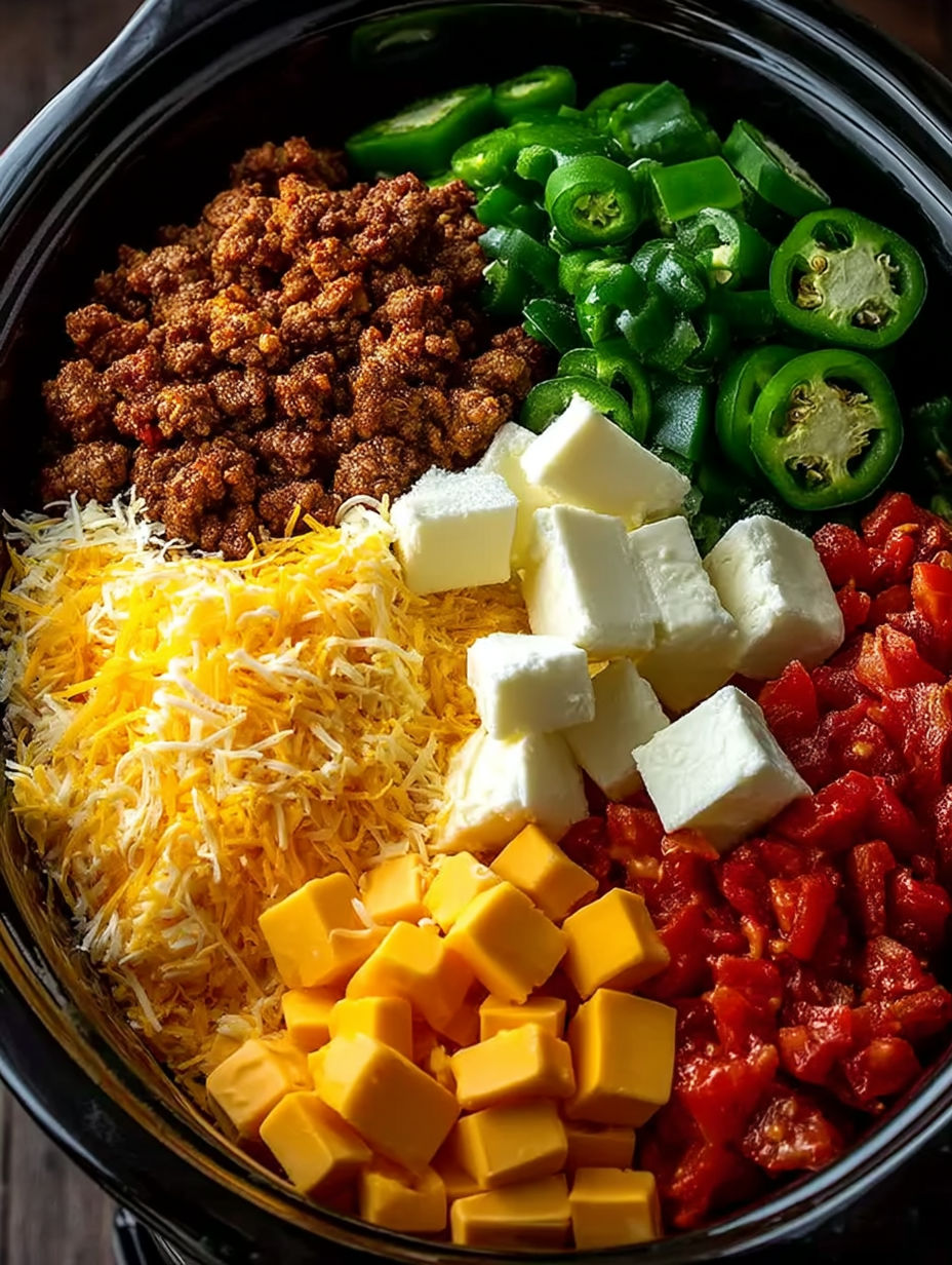A crock pot filled with a smoked queso dip.