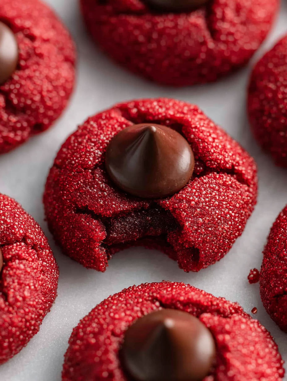 A close up of a red velvet cookie with a chocolate chip in the middle.