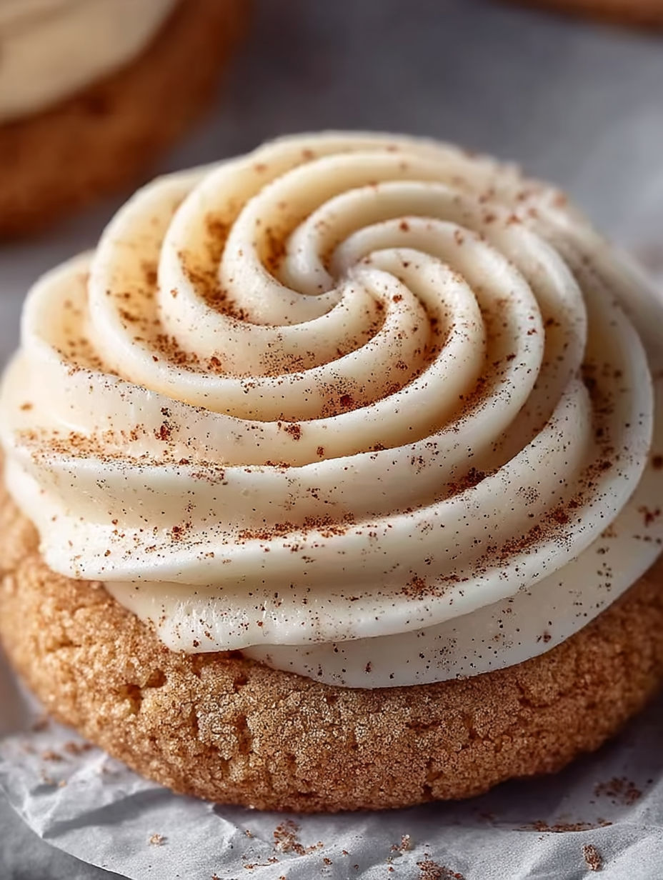 A delicious looking cookie with white frosting and cinnamon sprinkles.