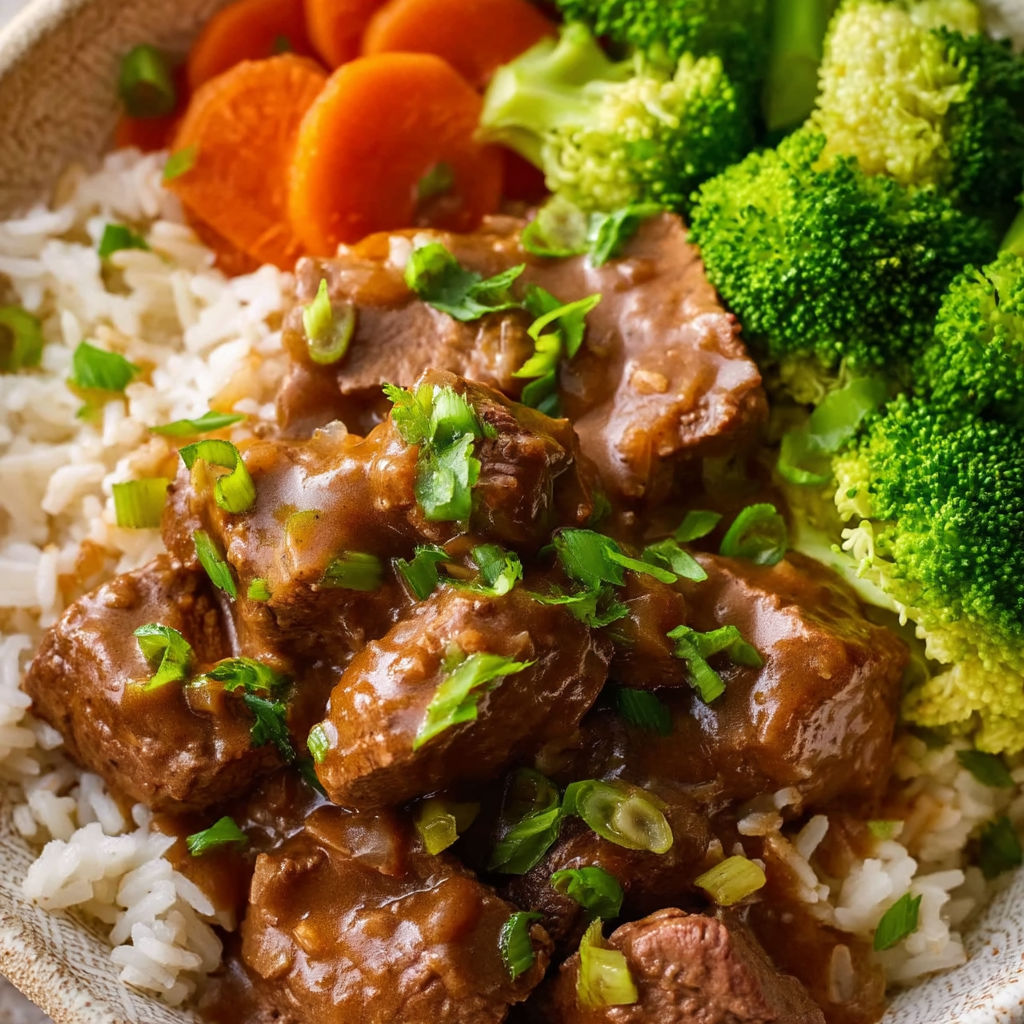 A bowl of beef tips and gravy.
