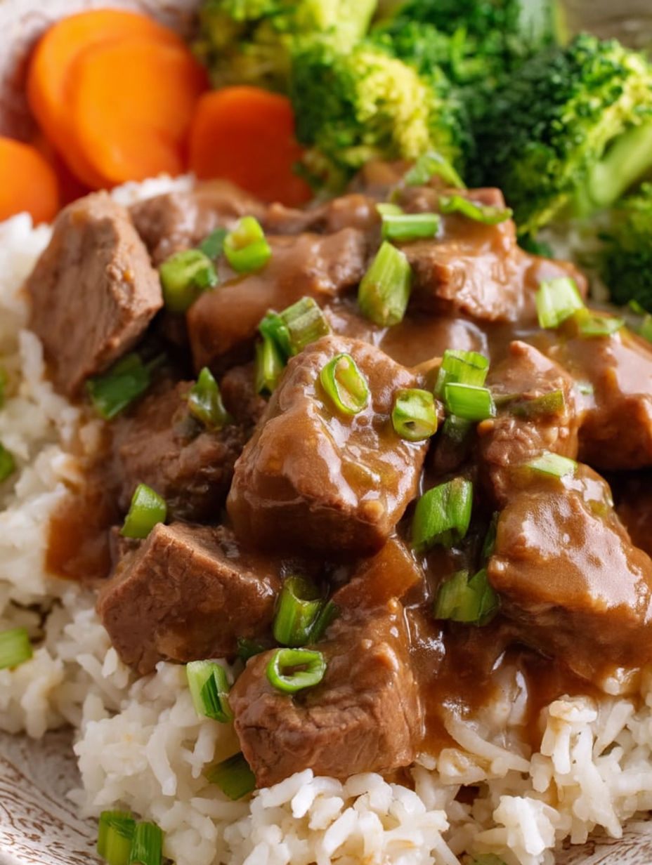 A close up of beef tips and gravy.