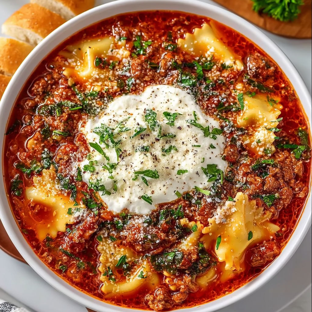 A bowl of crockpot lasagna soup.