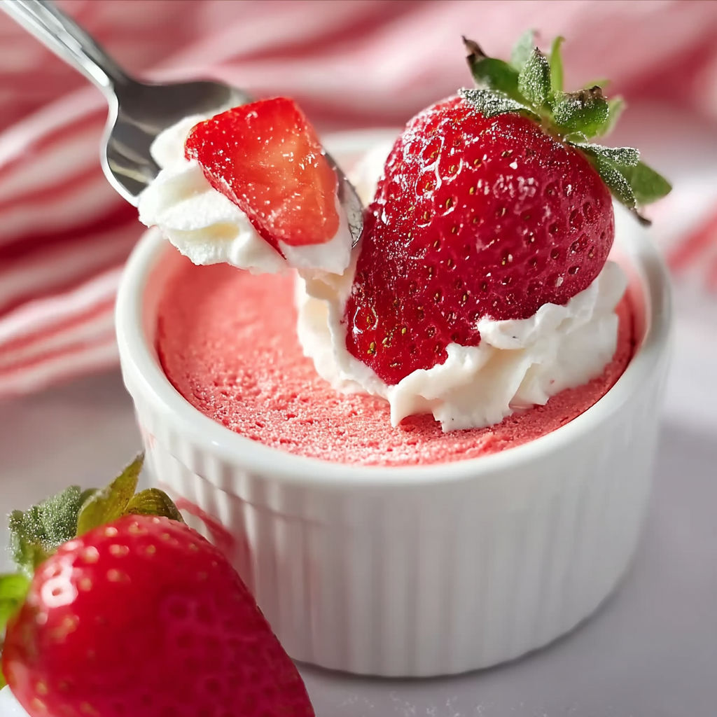 A white bowl with a strawberry dessert in it.