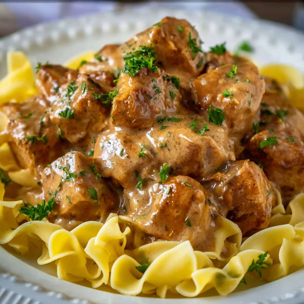 A plate of pork bites with gravy.