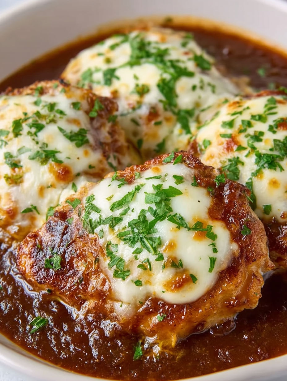 French onion pork chops with cheese on top.
