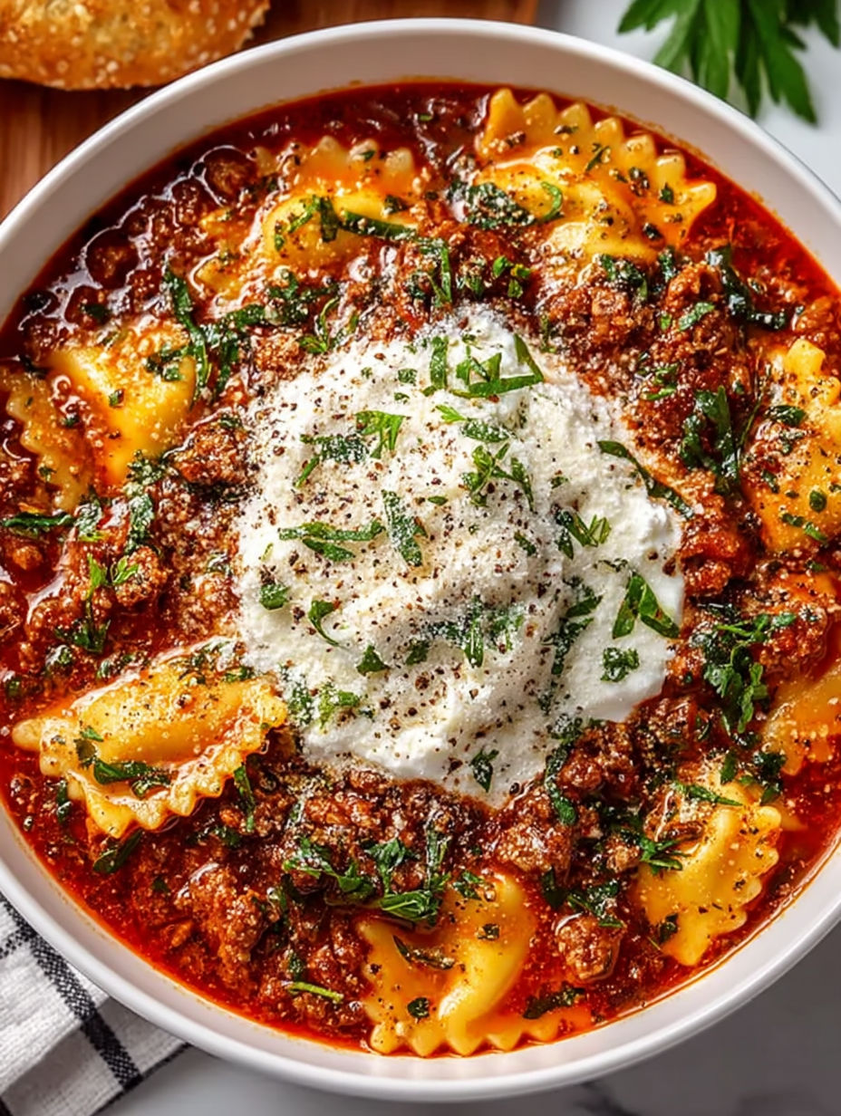 A bowl of crockpot lasagna soup with pasta and cheese.