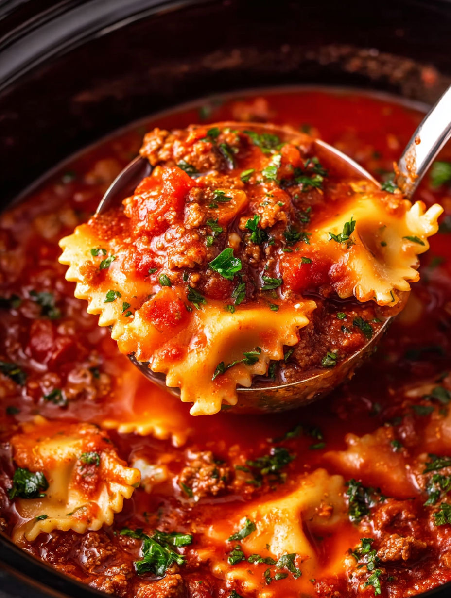 A spoon is in a bowl of lasagna soup.