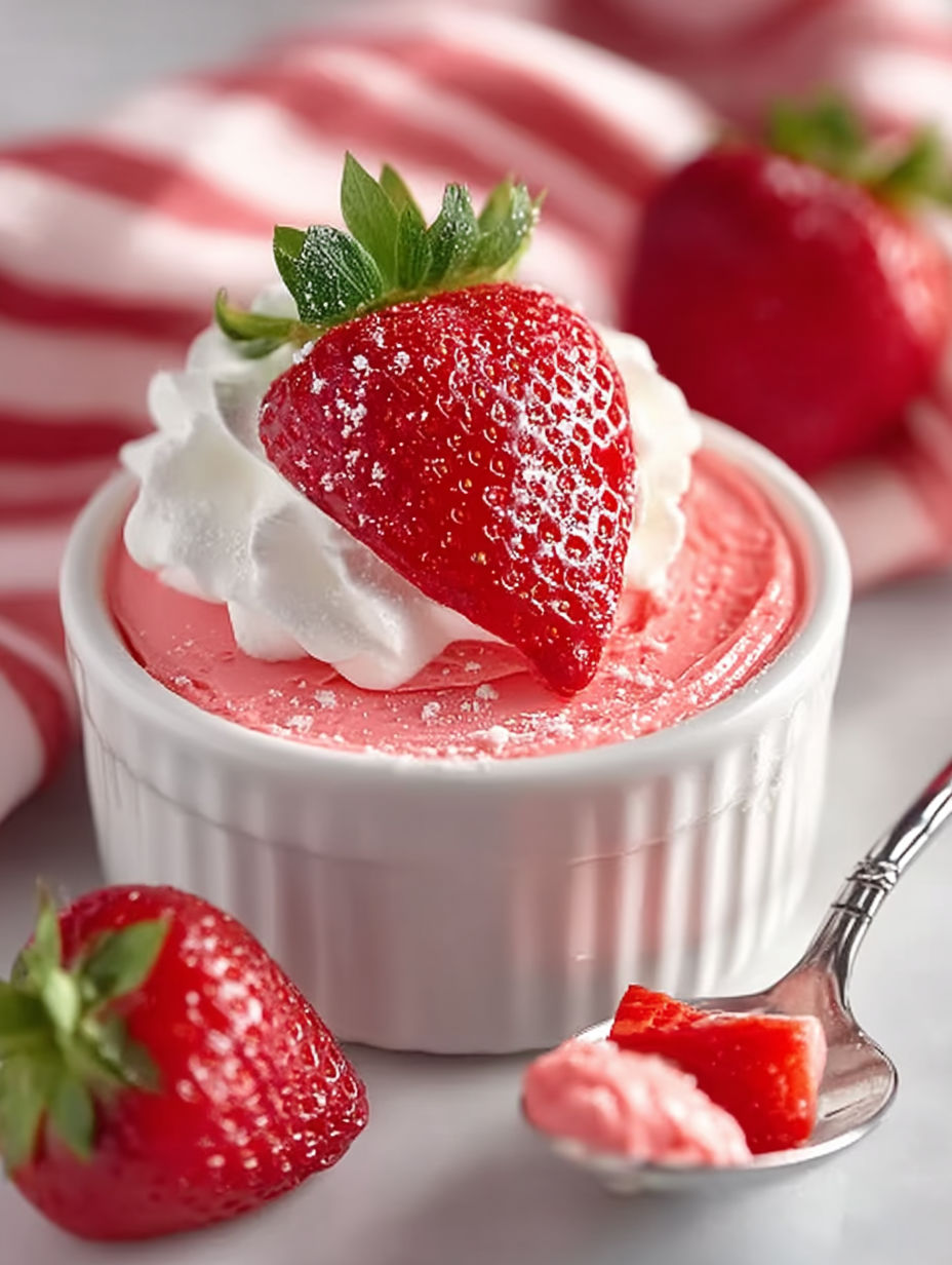 A strawberry jello fluff dessert with a fork and strawberries.