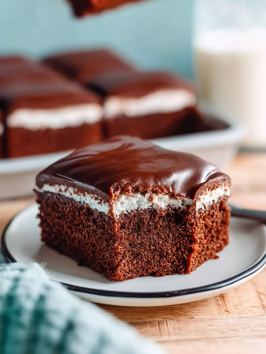 A slice of chocolate cake with white frosting.