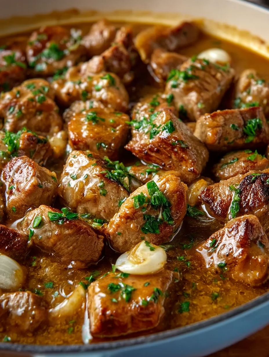 A plate of pork bites with gravy.