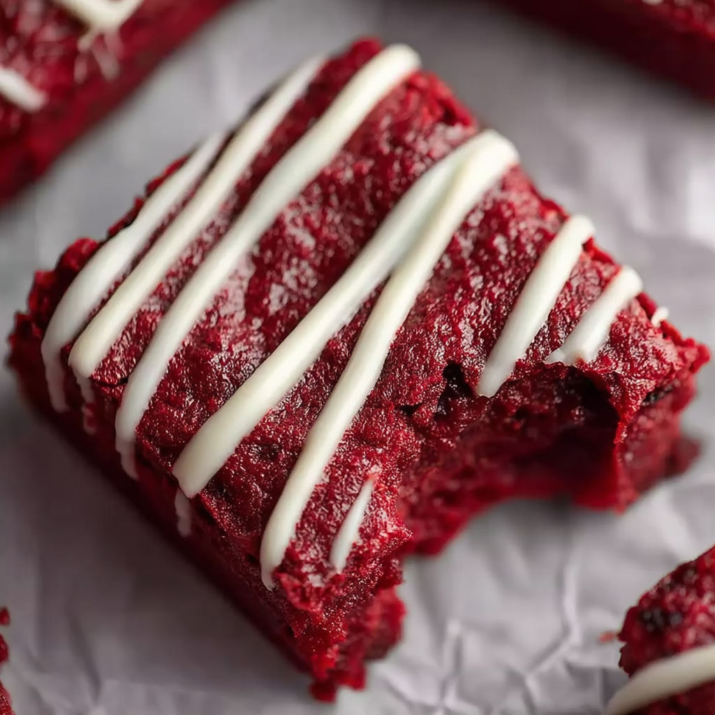 A piece of red velvet cake with white frosting.