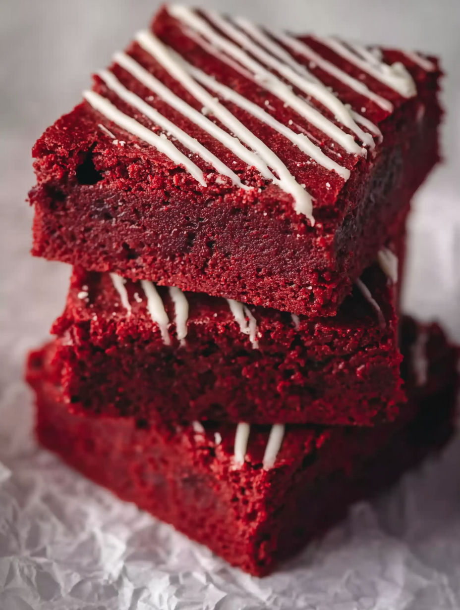 Three pieces of red velvet cake with white frosting.