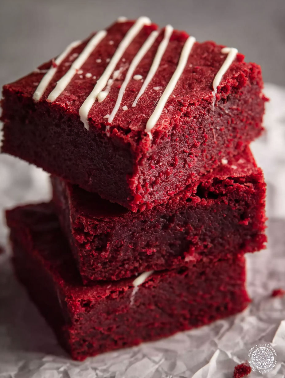A stack of red velvet brownies with white frosting.
