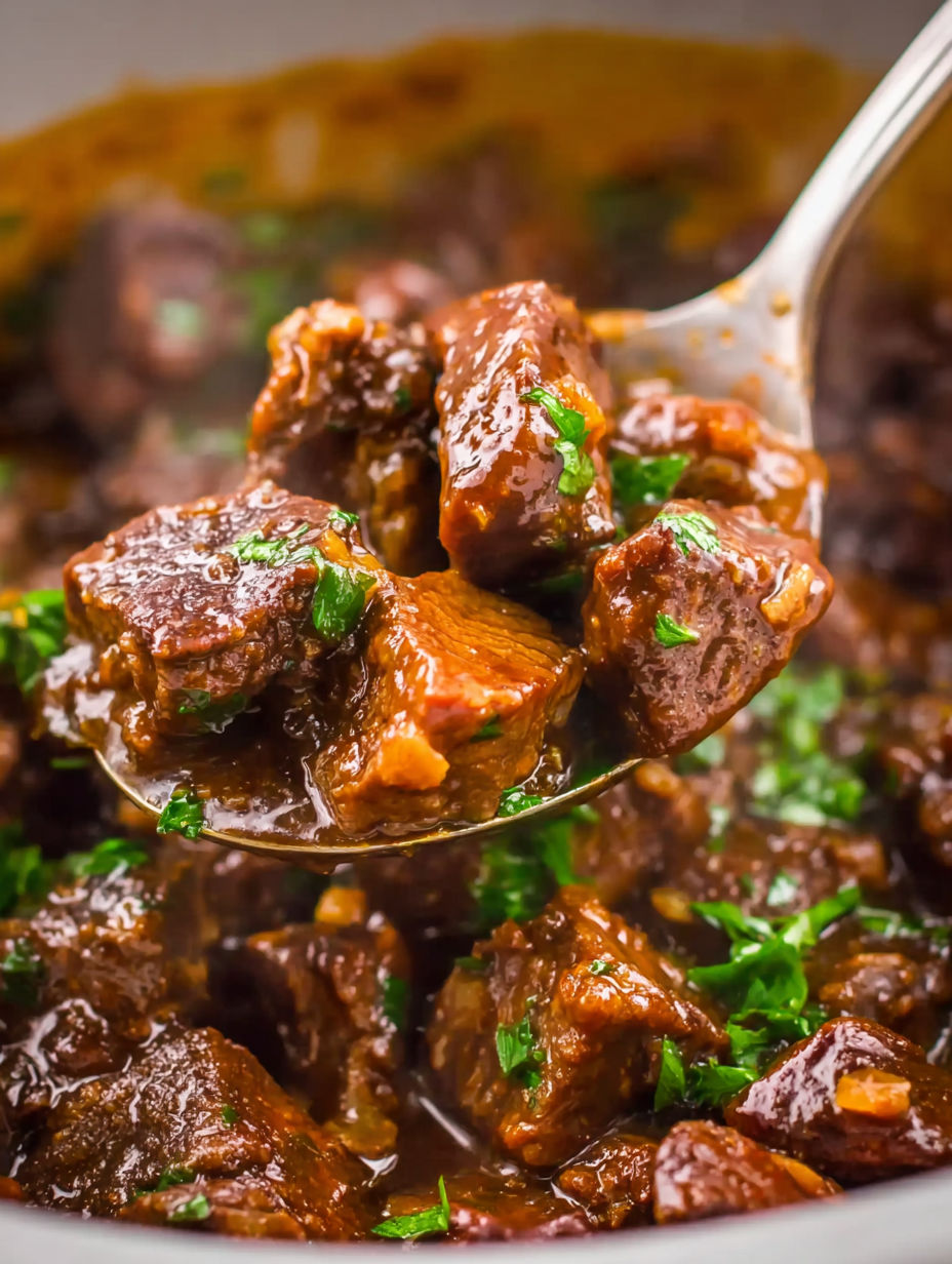A spoon is in a bowl of steak bites.