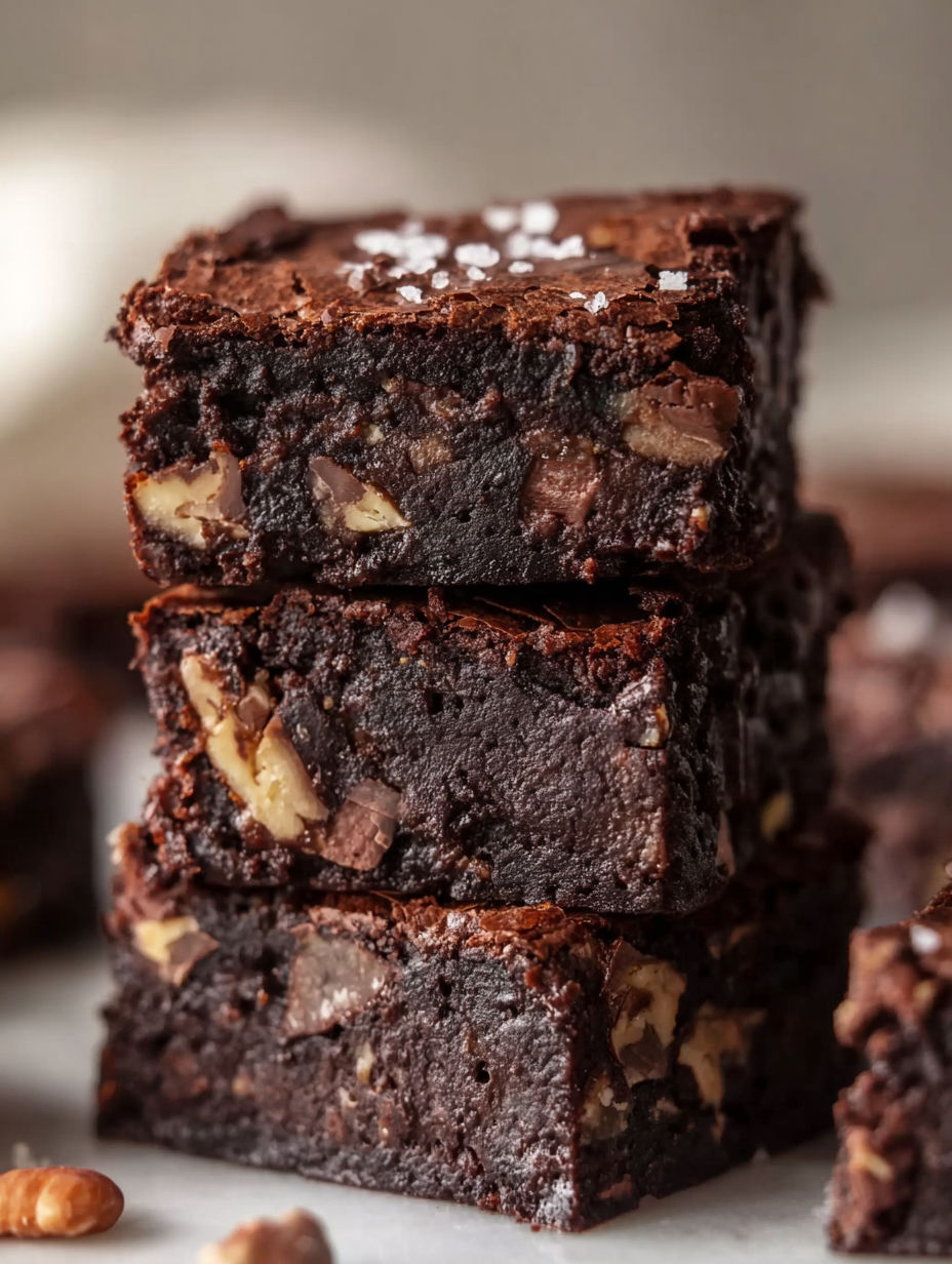 A stack of brownies with nuts on top.