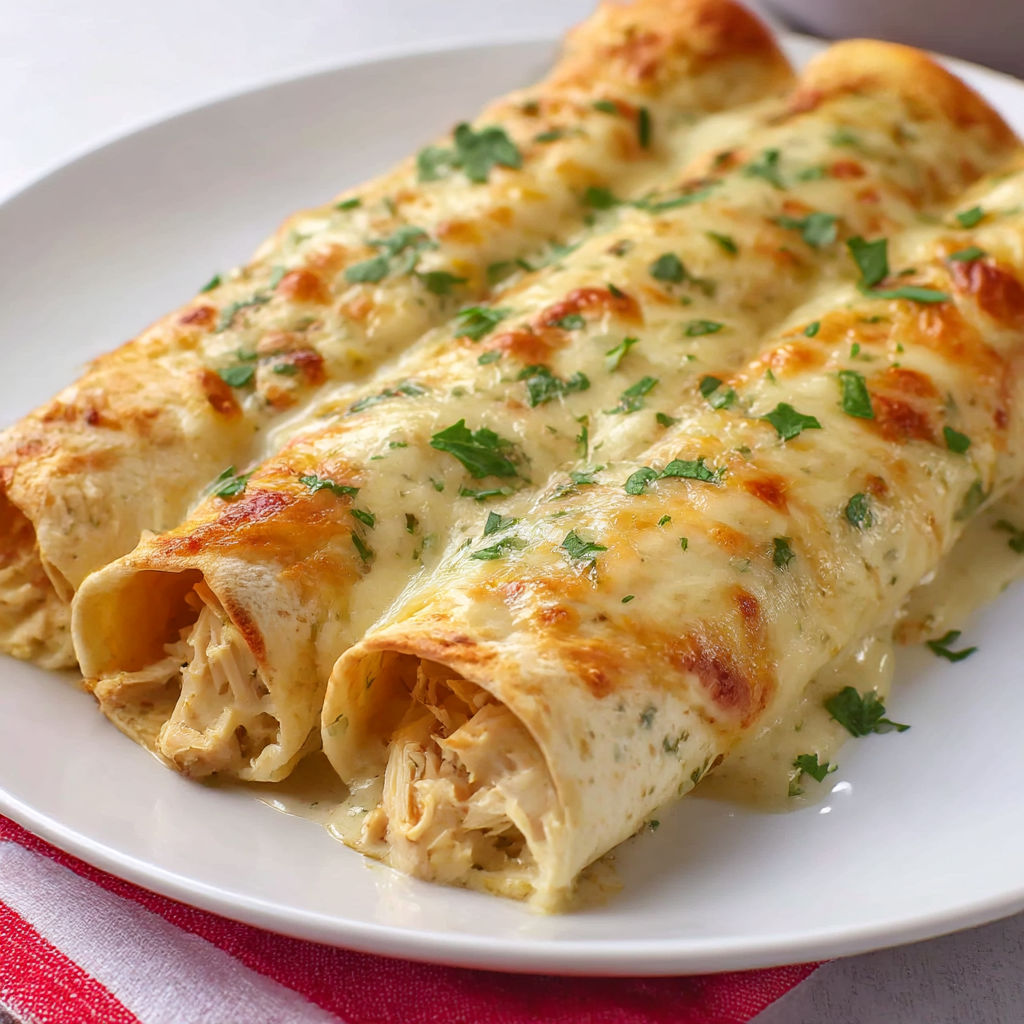 A plate of white chicken enchiladas.