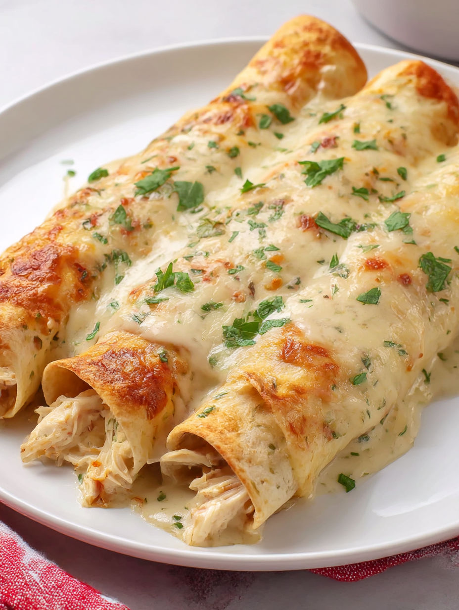 A plate of white chicken enchiladas.