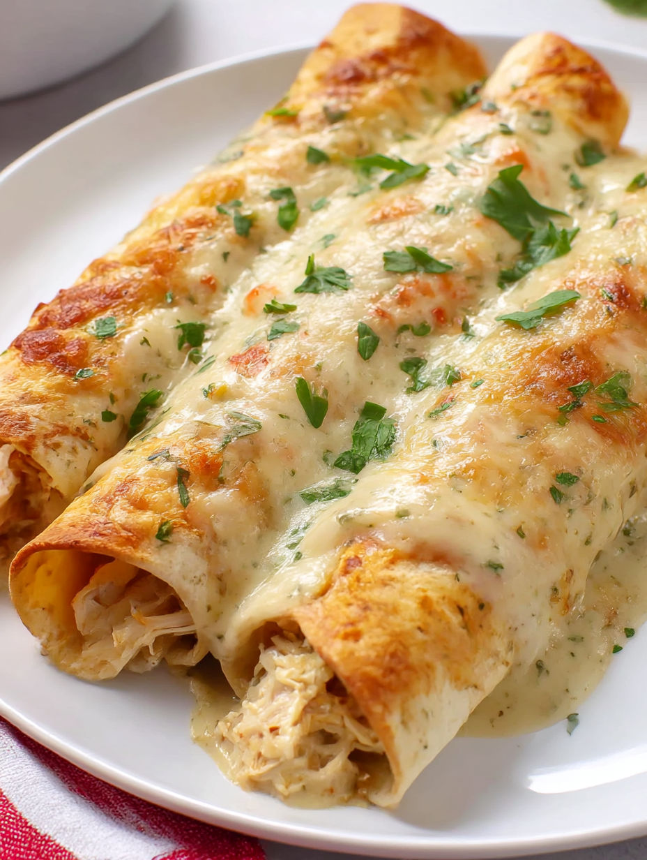 A plate of white chicken enchiladas.