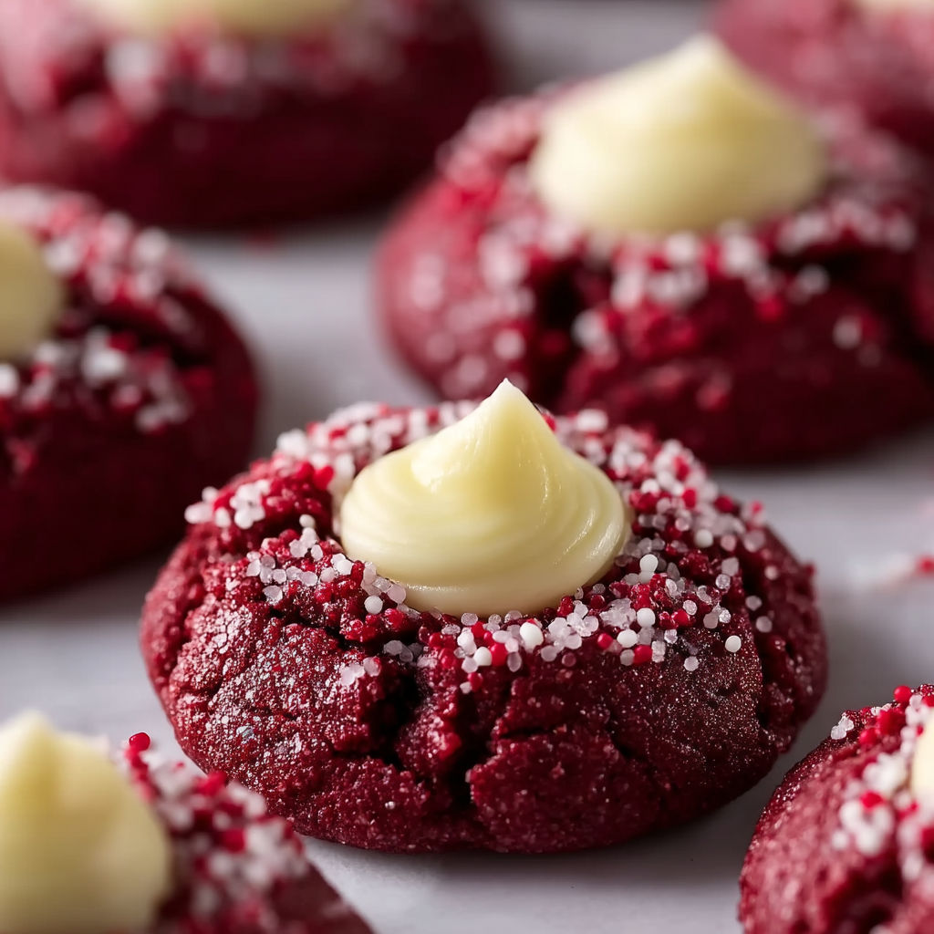 Red velvet thumbprint cookies with white frosting.